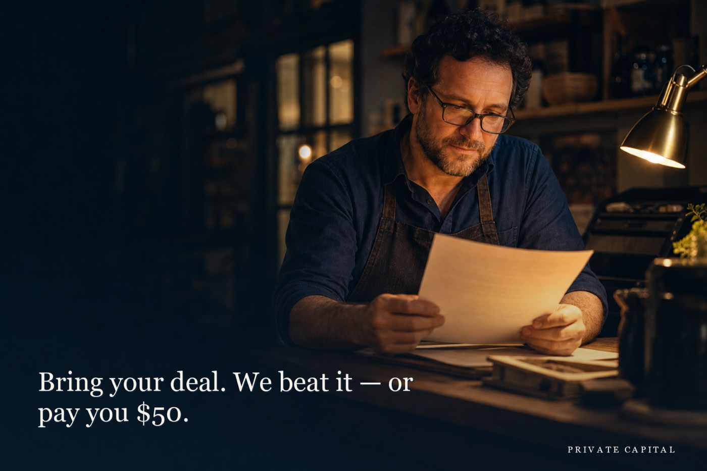 A business owner reading a competing funding offer at the counter