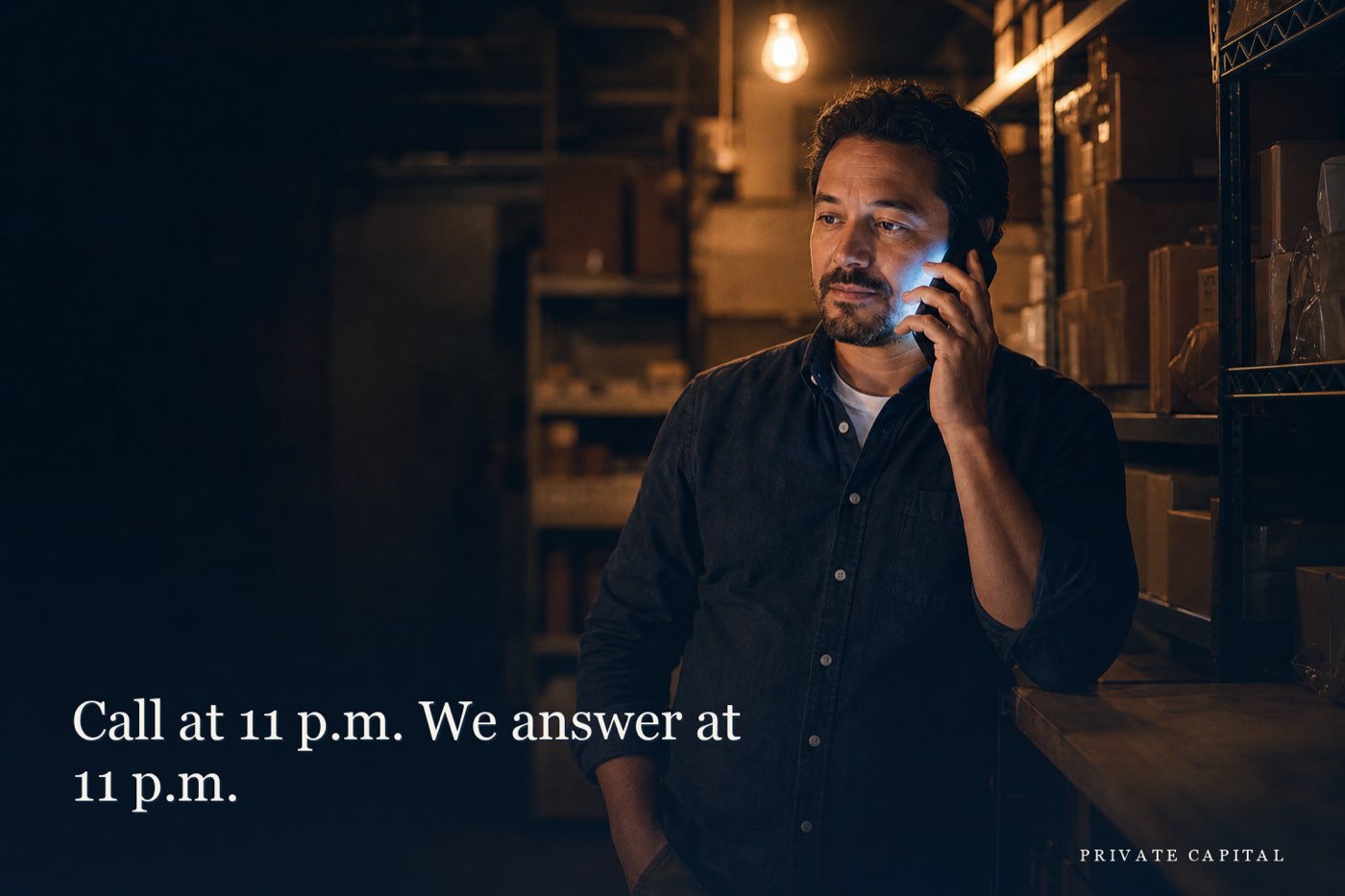 An owner taking a call in the stockroom at 11 p.m.